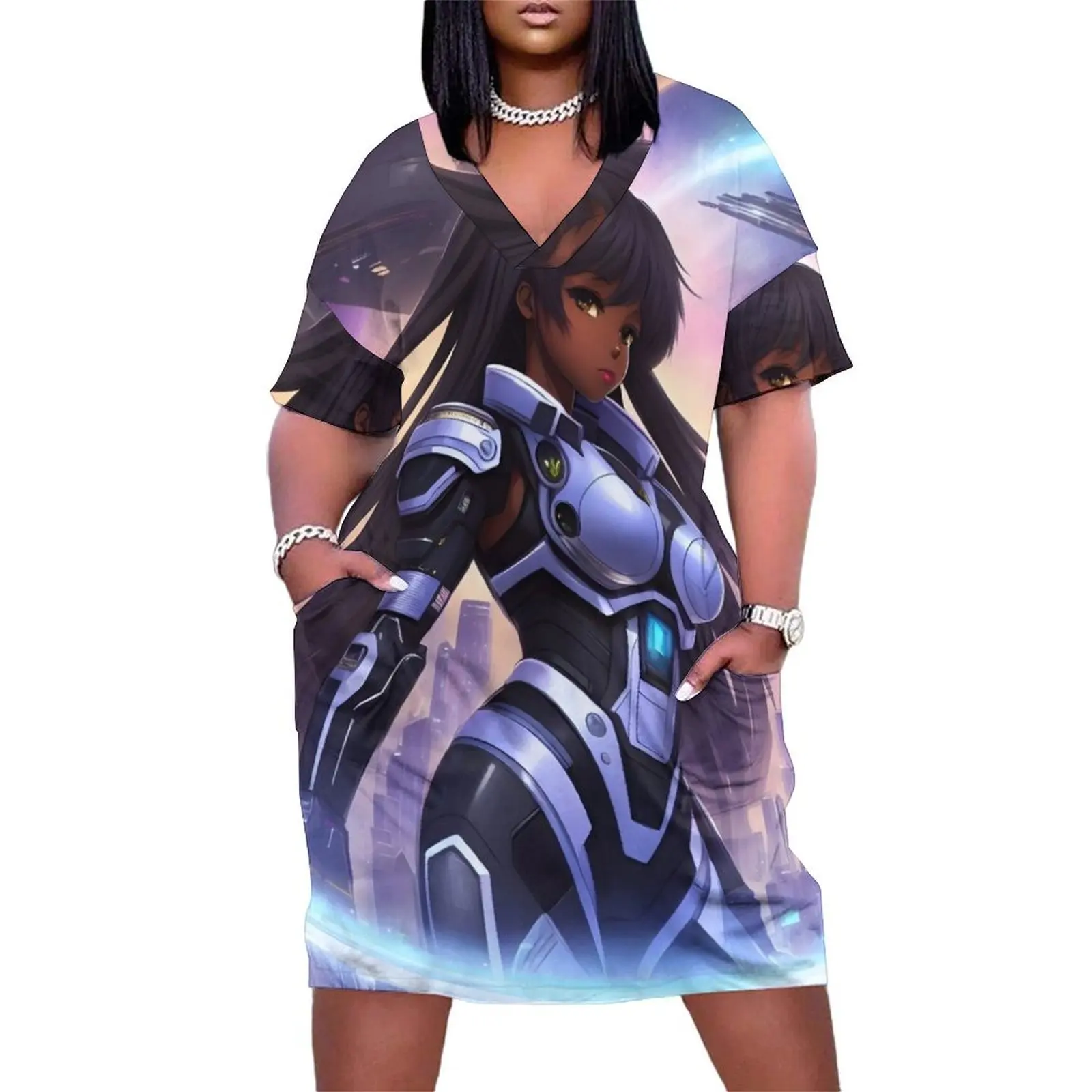 Final Frontier Gworl черное аниме девушка свободное платье с карманами длинными рукавами