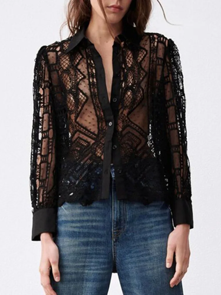 

2022 counter quality spring and summer new fashion temperament lapel long-sleeved hollow perspective linen crochet shirt women