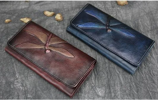 

Free Shipping,fashion style tanning cowhide Dragonfly wallet,women's vintage purse,carved genuine leather handbag.femme gift