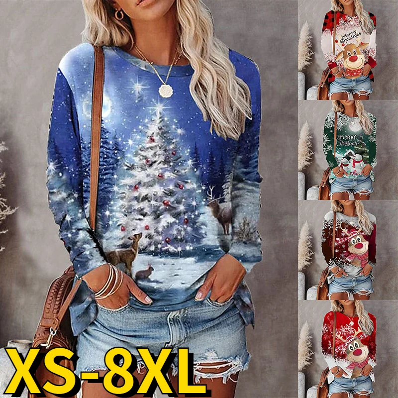 2022 Autumn Women Elegant Long Sleeve Snowman Printing Tops Christmas Trend T-shirt Winter Round Neck Vintage Pullover Tee Shirt