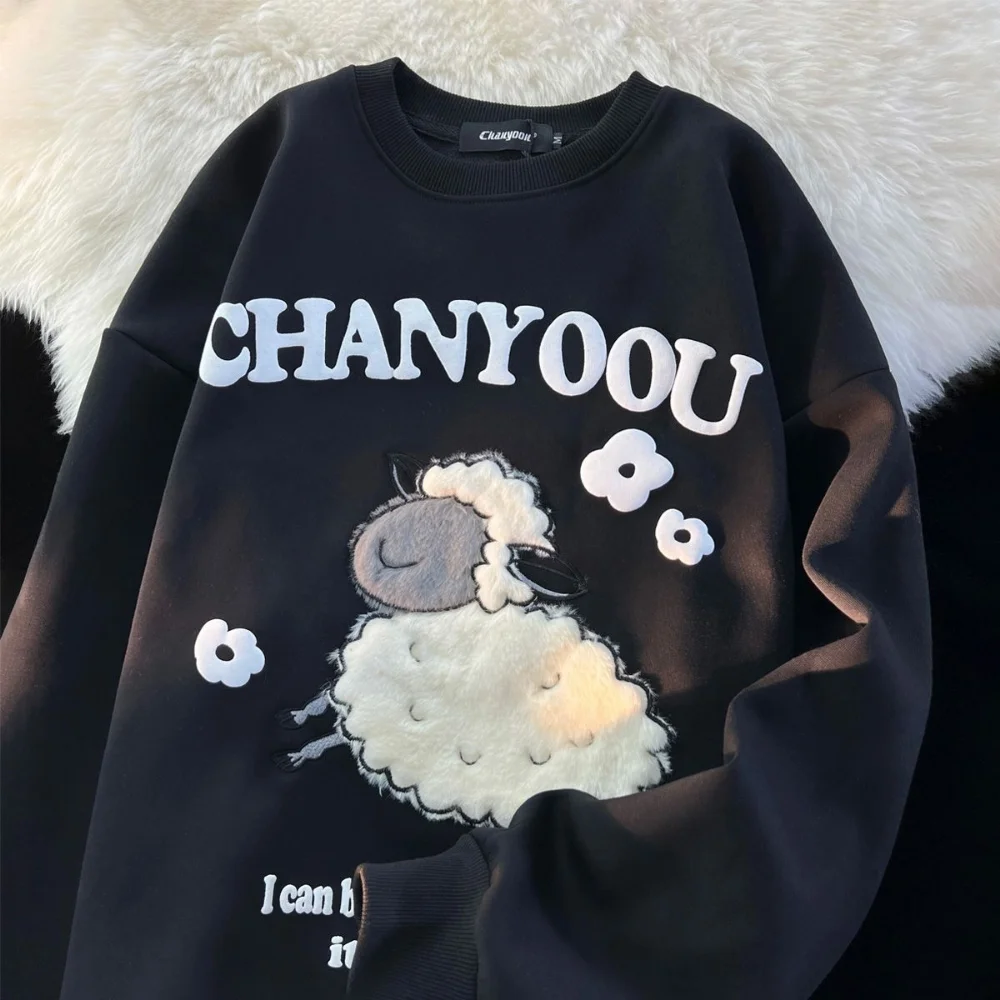 

New Hip Hop Harajuku White Pink Cartoon Sheep Embroidery Cute Sweatshirt Women Girls Kawaii Clothes Loose Casual Winter Pullover