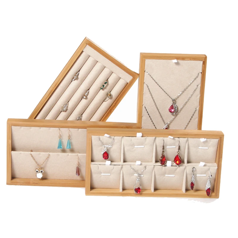 

4Pcs Beige Natural Bamboo Wood Necklace Bracelet Ring Stand Earring Storage Tray Jewelry Tray Display Props
