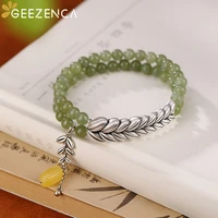 geezenca handmade jasper s990 silver grain amber charm bracelets for women double loop green jade leaf elastic bracelet luxury