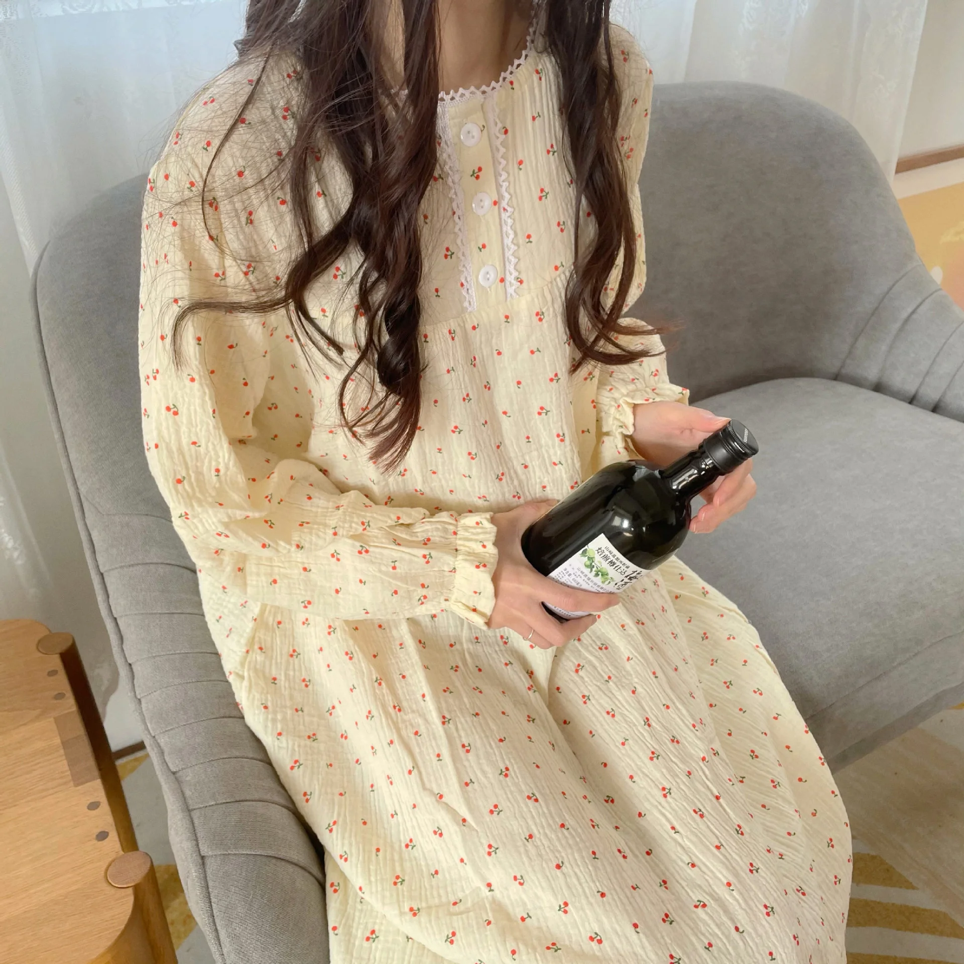 Spring Nightdress Women Cotton Long Home Dressing Gown Sleepshirt Nightgowns Thin Autumn Long Sleeve Sleepdress Casual Sleepwear