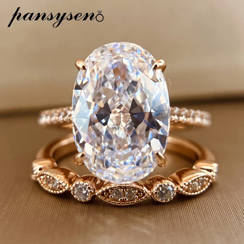 PANSYSEN  9ct Radiant Cut 9*13MM lab Moissanite Diamond Ring sets for Women Solid 925 Sterling Silver 18K Rose Gold Color Rings