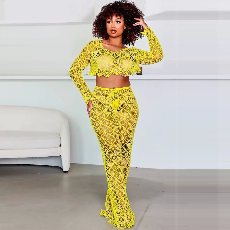 

Женский комплект из 2 предметов FUDA, кружевной комплект из укороченного топа с длинным рукавом и широких брюк с высокой талией, Пляжная накид...