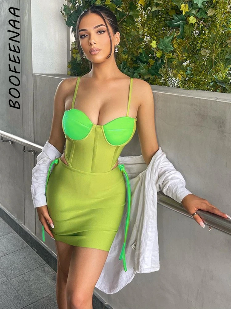 

BOOFEENAA Sexy Summer 2 Piece Set Mini Skirt and Bodysuit Top Party Club Outfits for Women Green Corset Dress Suits C85-CE31