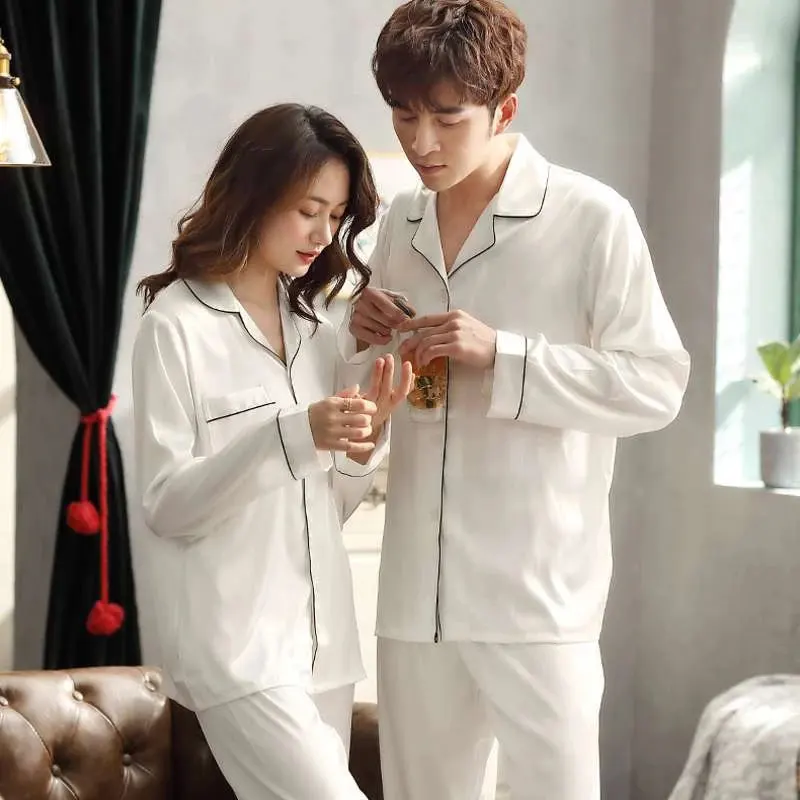 

2022 Fashion Solid Color Sleepwear Silk Satin Pajama Sets Couple Long Button-Down Pyjamas Home Suit Pijama Women Men Loungewear