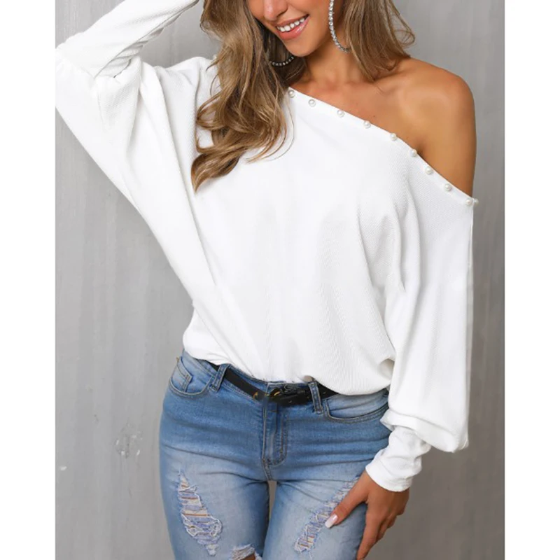 

Long Sleeve One Shoulder Streetwear Tee Loose Shirt Femme New Punk Clothing Fall Women Casual Beading Patchwork Bat Black Tshirt