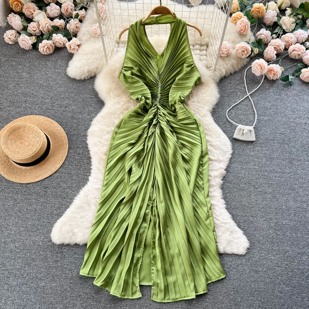 

Женское платье с лямкой на шее, нестандартное Плиссированное вечернее платье во французском стиле знаменитостей, лето