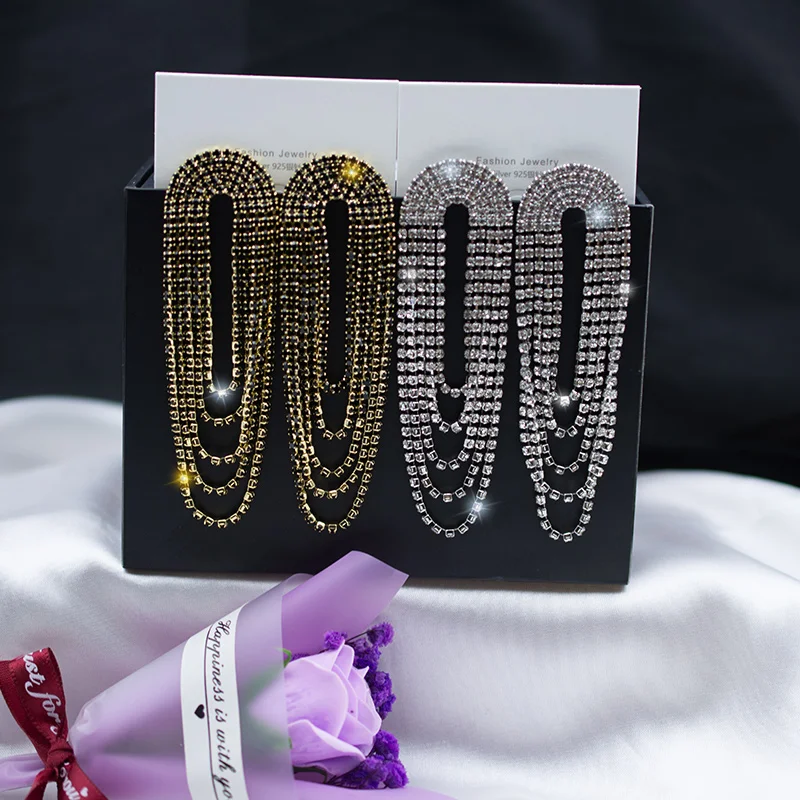 

MUZHI 18k Gold Silver Tassels Earrings For Women Shiny Rhinestones Statement Long Dangle Eardrop Charm Wedding Party Jewelry
