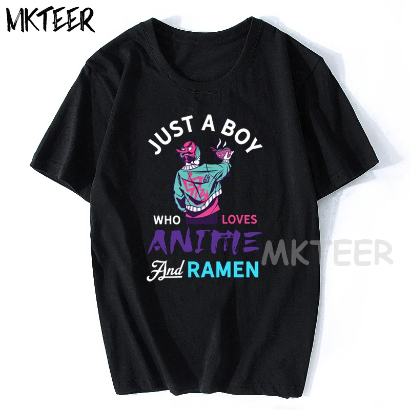 

Just A Boy Who Loves Anime and Ramen Gift for T-Shirt Summer Short Sleeve Retro Casual Streetwear Loose Versatile Men's T-Shirt