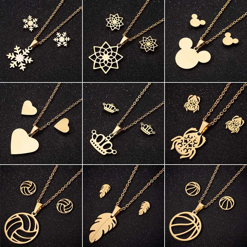 

Stainless Steel Mickey Snowflake Stud Earrings Necklace Jewelry Set Necklace Mini Animal Rabbit Necklace