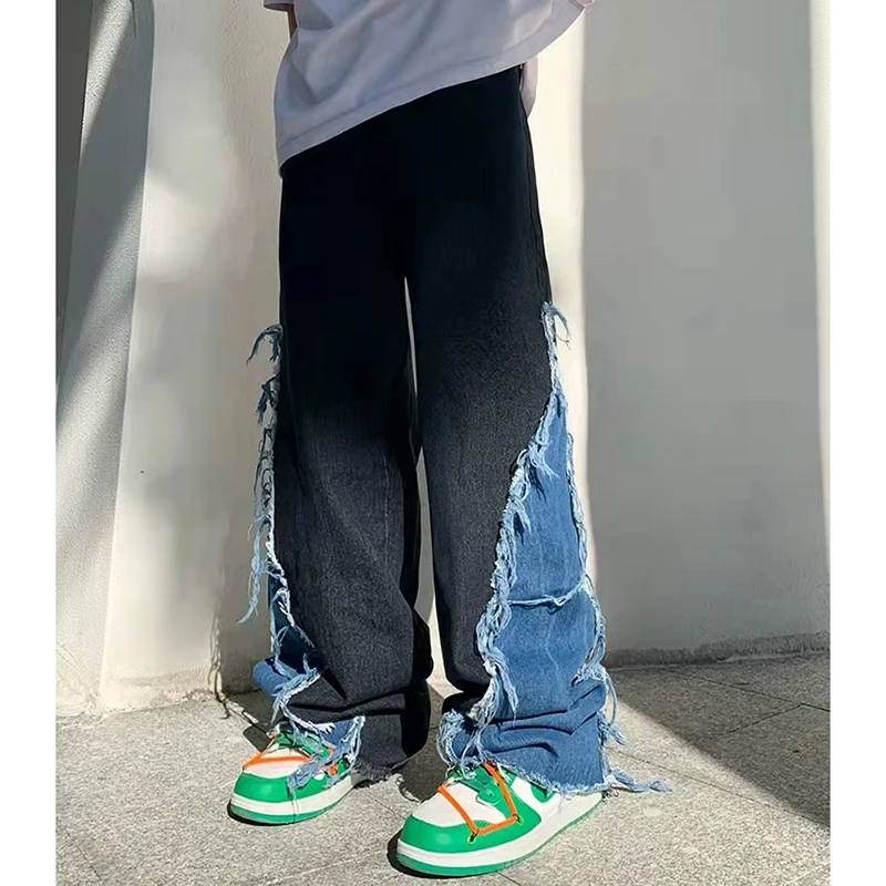 

Мужские весенние Прямые повседневные расклешенные брюки, свободные брюки в стиле хип-хоп, потертые джинсы в стиле ретро для пар, лоскутные р...