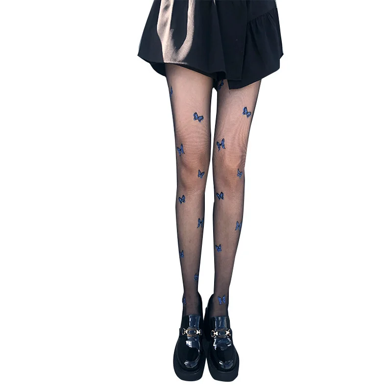 SP &amp CITY/Синие сексуальные черные колготки с принтом бабочки женские тонкие