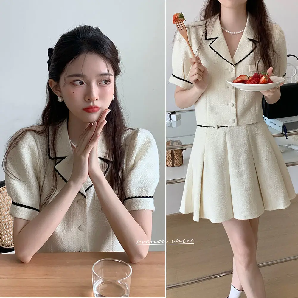 

2022 Women Summer French Elegant Suits Female Short Sleeve Solid Suit Coats + High Waist Mini Skirts Ladies 2 Piece Sets Y165