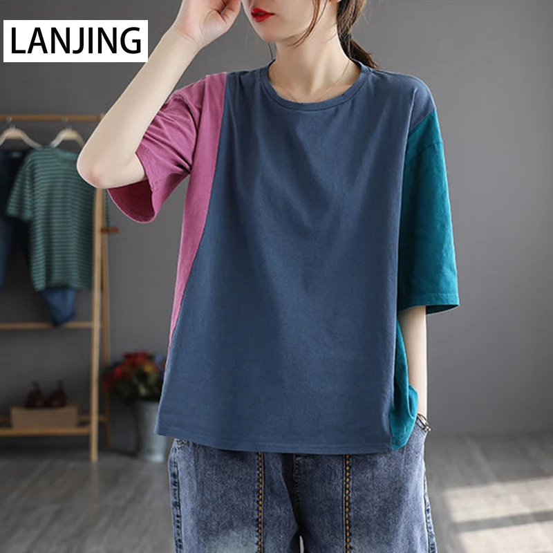 2021 new stitching color trendy top design sense niche half-sleeved  women's t-shirt student Korean loose women's clothing