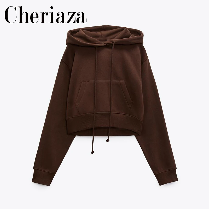 

Cheriaza Autumn Winter Woman Brown Basic Short Hoodie Long Sleeves Hooded Kangaroo Pocket Sweatshirt Solid Sudaderas Mujer