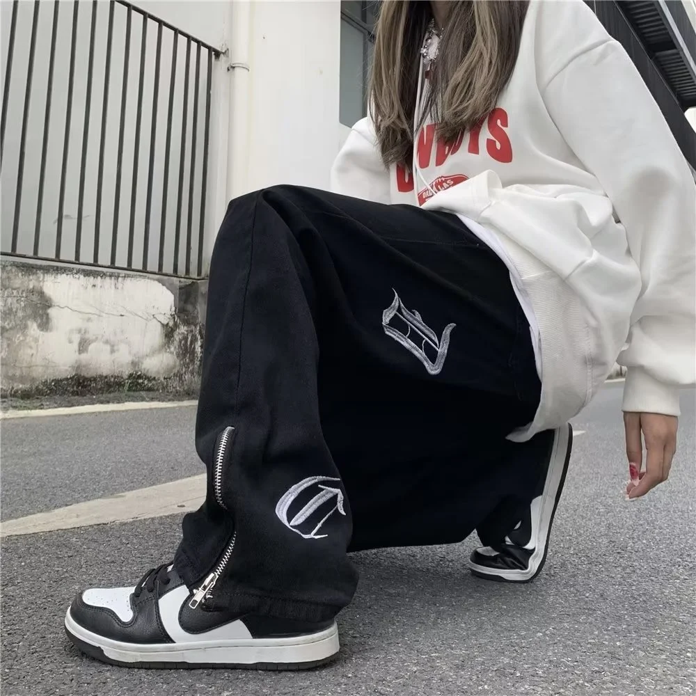 Ropa Embroidered Letters Streetwear Men Hip Hop Baggy Jeans Pants Y2K Clothes Straight Loose Zipper Cuffs Goth Denim Trousers