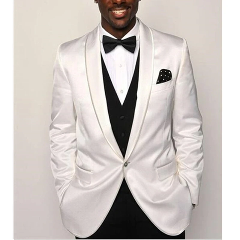 

African Fashion Groom Tuxdedo for Wedding Dinner 3 Piece Slim Fit Men Suits White Jacket Black Vest with Pants 2021