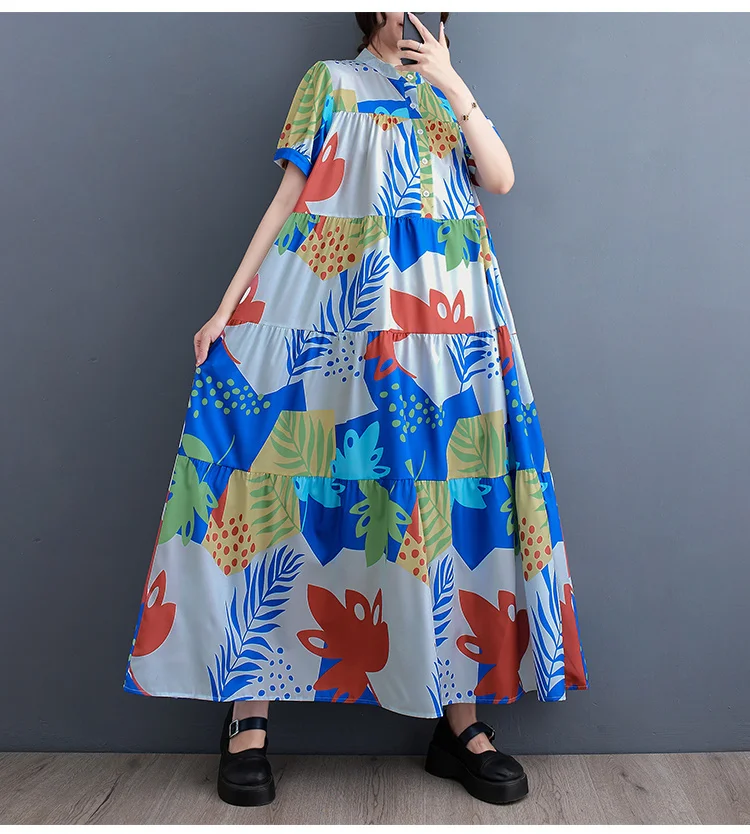 #3291 винтажное платье-рубашка с принтом коротким рукавом свободное разрезом