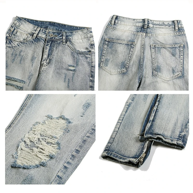 DEEPTOWN Ripped skinny Jeans Casual Slim Denim Pants Streetwear Zipper Fashion Trousers Male Straight Pants Youth All-match