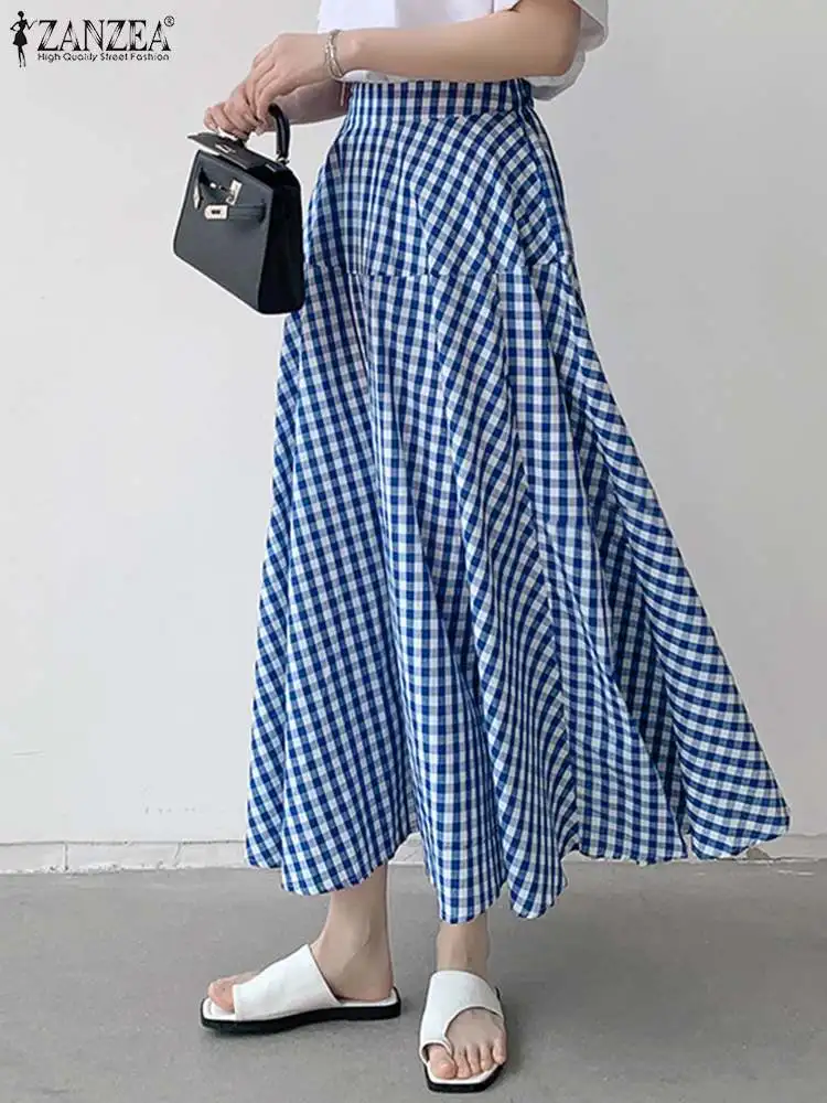 

ZANZEA Summer Maxi Long Skirt Women Casual Elastic High Waist 2023 Plaid Spliced A-line Skirt Fashion Checked Jupes Oversized