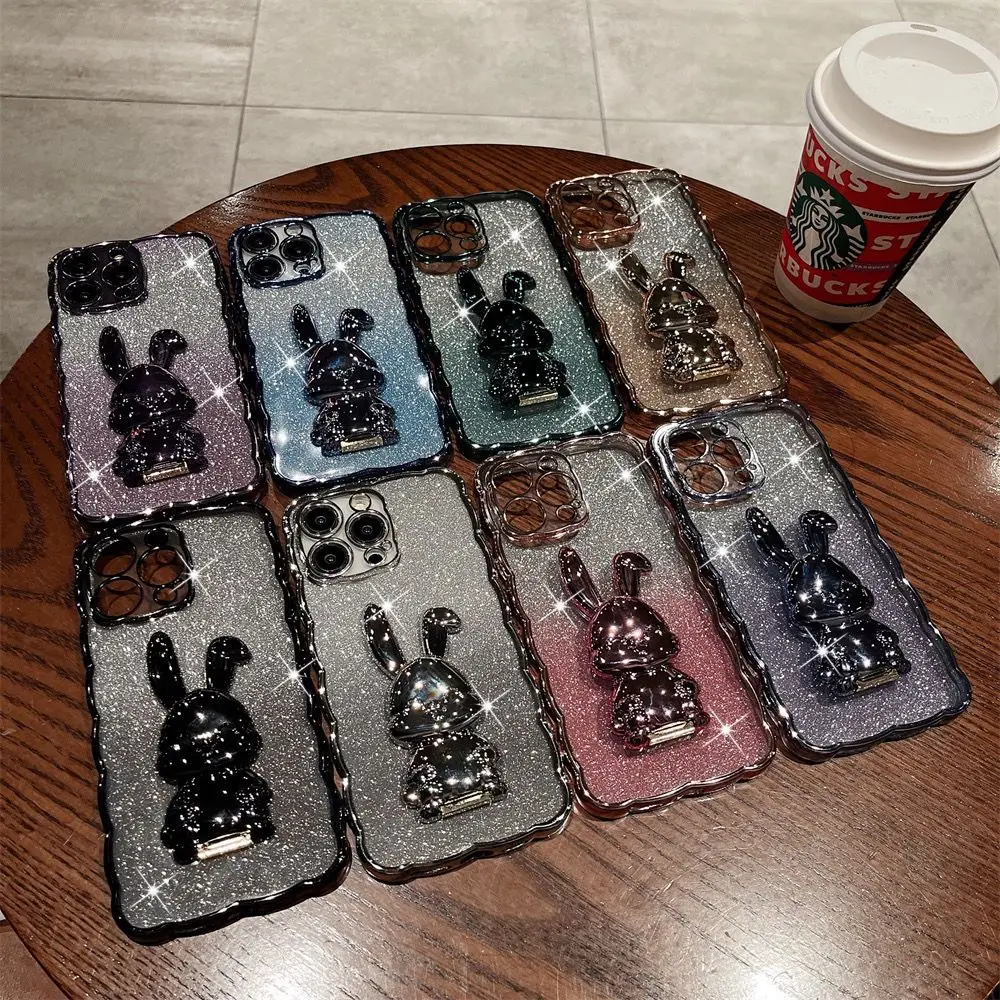 

Rabbit Invisible Bracket Glitter Phone Case for iPhone 14 13 12 11 Pro Xs Max XR X XS 7 8 Plus Plating Wavy Frame Silicone Cover