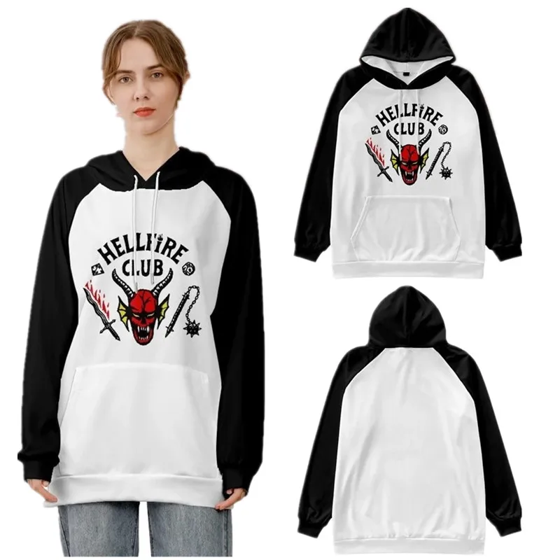 

Hellfire Club Hoodie Men women Cosplay Costume Stranger Things Hooded Sweatshirts Black white color matching Boy girls Clothes