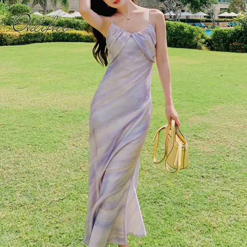 

Женское длинное вечернее платье Ordifree, Фиолетовое Атласное Платье-комбинация макси на бретелях-спагетти с винтажным принтом, лето 2022