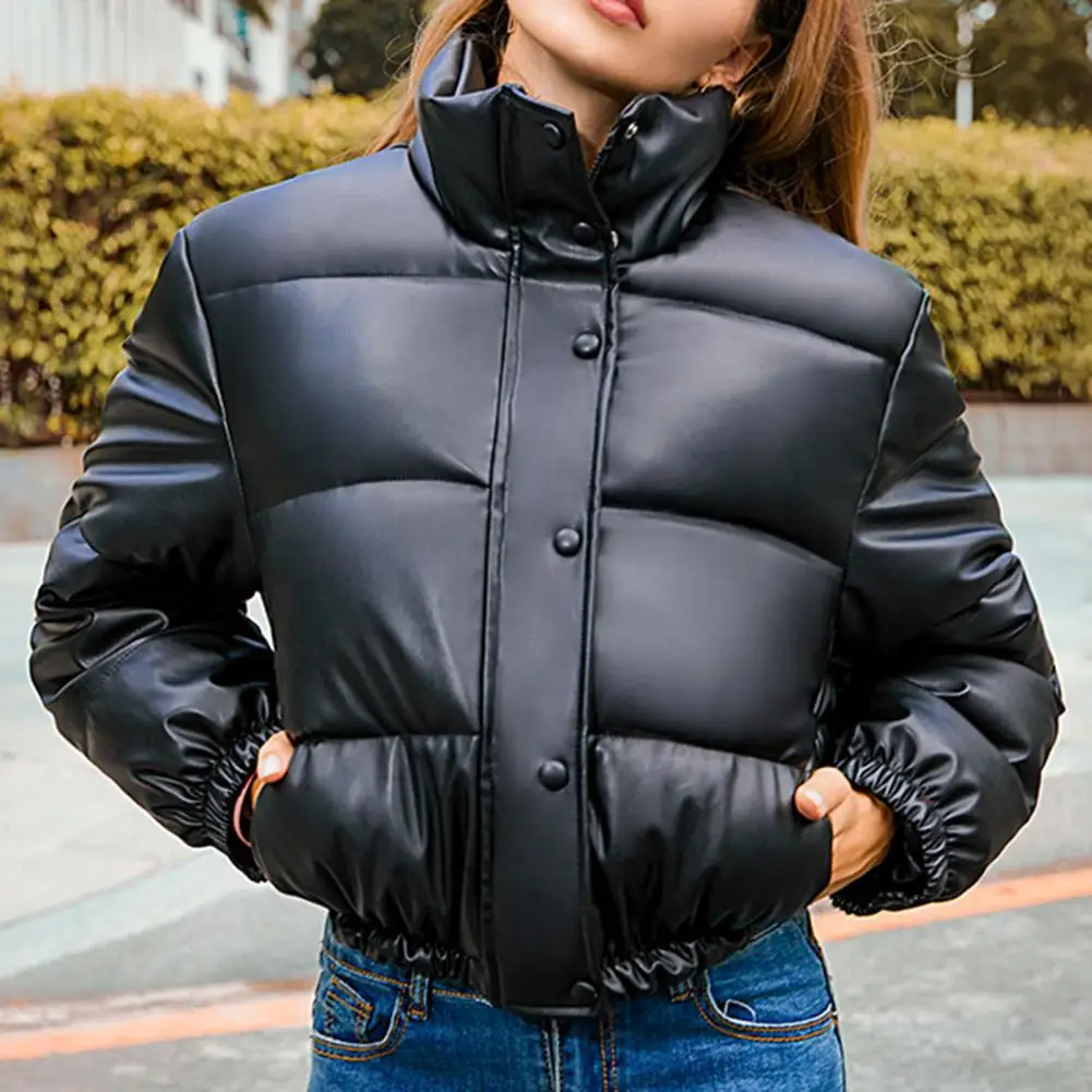 

Winter Thick Warm Short Parkas Women Fashion Black PU Leather Coats Women Elegant Zipper Cotton Jackets Female Ladies