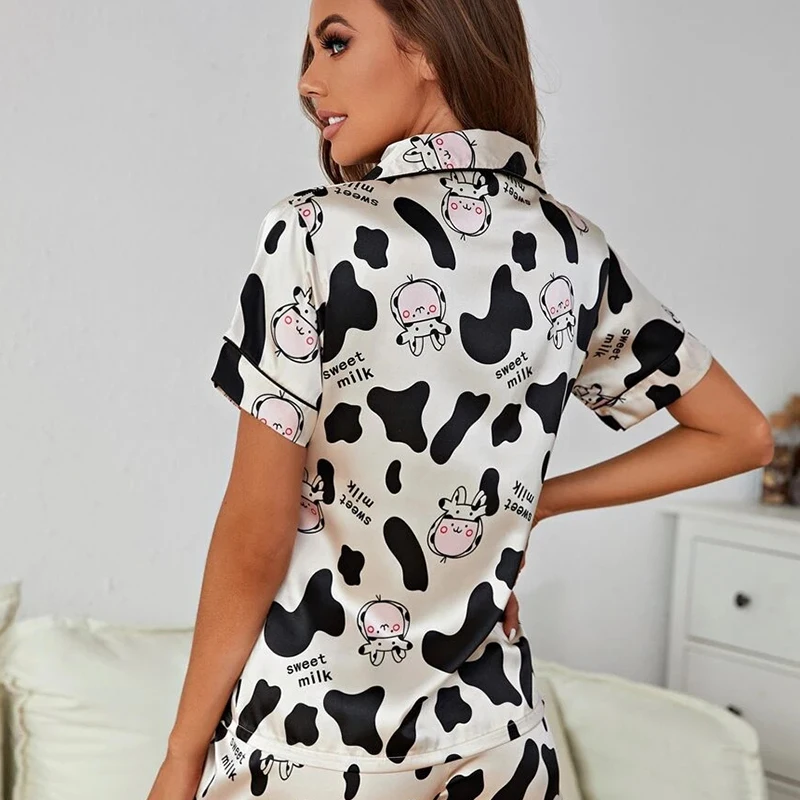 Cow Pajamas Women's Summer Short-sleeved Ice Silk Cardigan Sweet Home Service Two-piece Suit Women Pajamas Set Ice Silk Pyjamas
