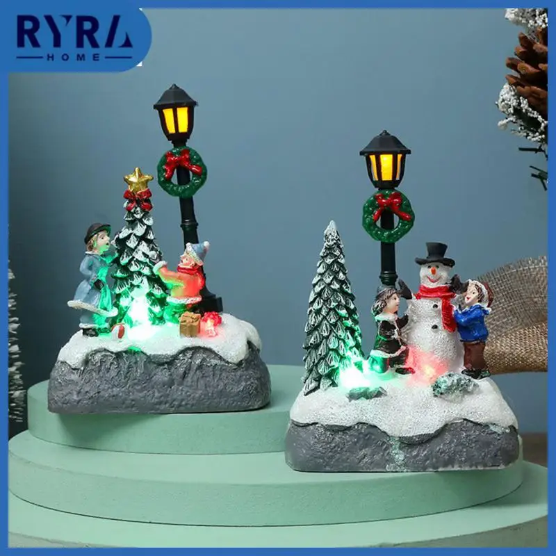 

Christmas Village Scene Xmas Tree Snowman Resin Ornament With LED Light Figurine Holiday Desktop Miniature Statue Decoration