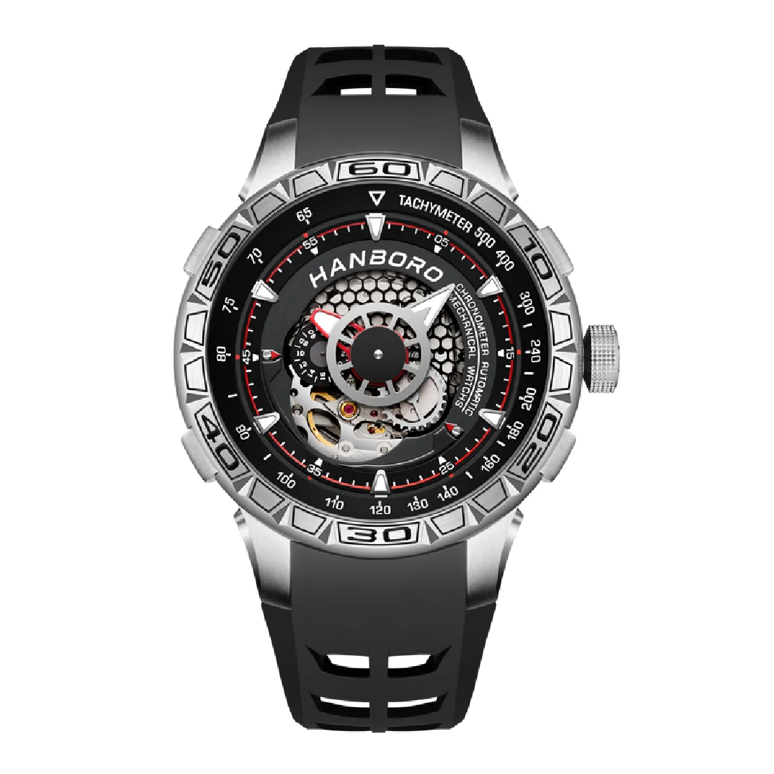 

HANBORO Men Automatic Watch Luxury Watches Mechanical Wristwatch Military 50M Waterproof Luminous Skeleton 82S7 Rubber Strap