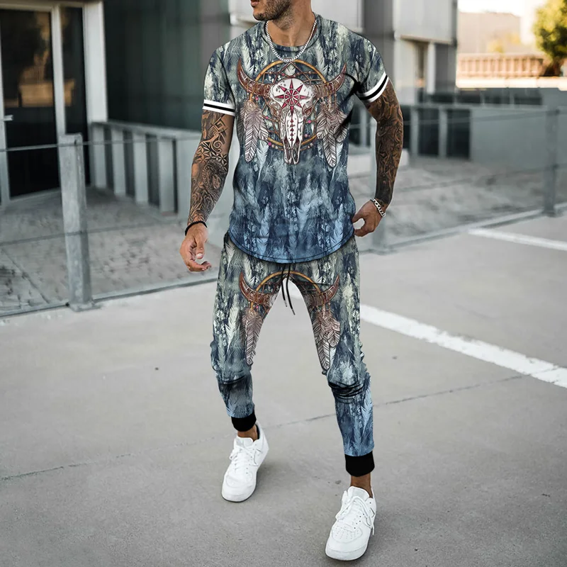Spring And Summer Mens 2 Piece Set Oversized T Shirts Joogers Outfits Fashion Trousers Tracksuit 3D Printed Trend Male Clothing