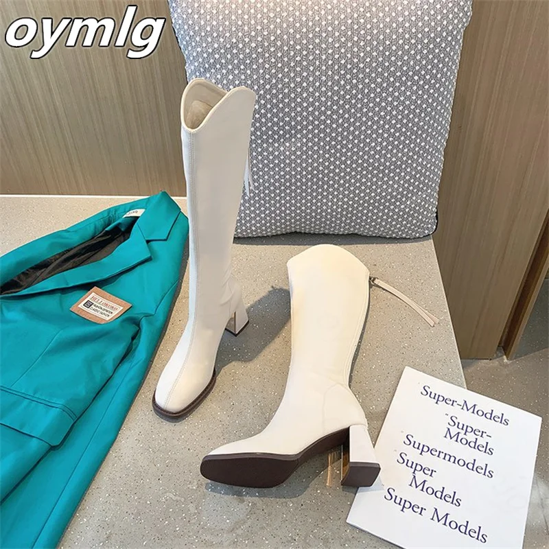 High boots women's 2022 winter new thick heels, middle heels, but knee high boots, rear zipper, thin boots, fashion single boots