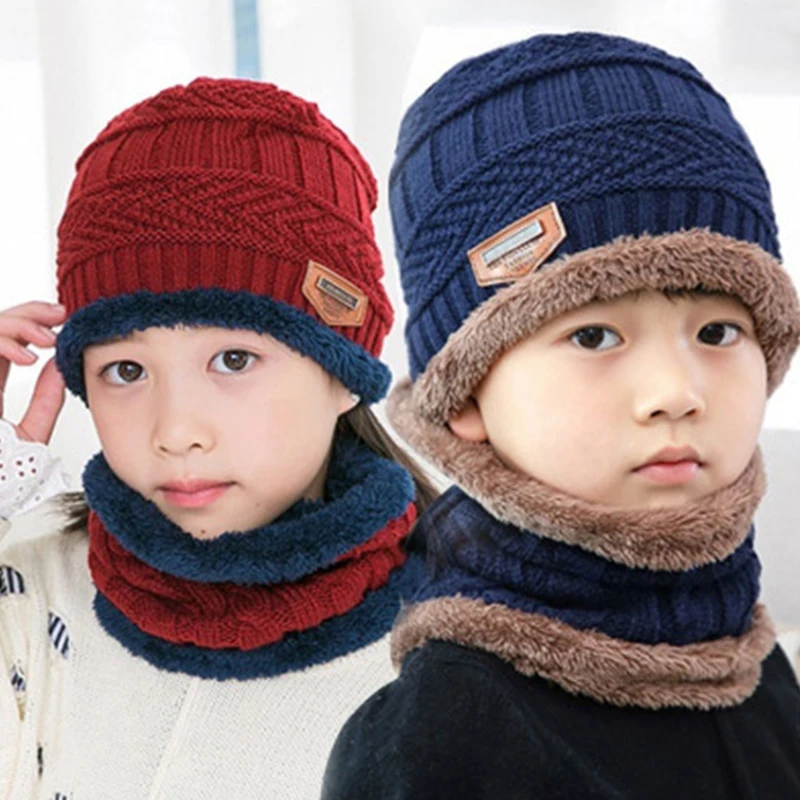 Children Winter Knit Hats Girls Beanie Hat Kids Newest Cap Scarf Set Warm Skull Neck Warmer with Thick Fleece Lined Winter Child