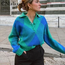 CNlalaxury – pull tricoté à revers pour femme, pull Argyle ample à col rond, manches longues, automne hiver 2022