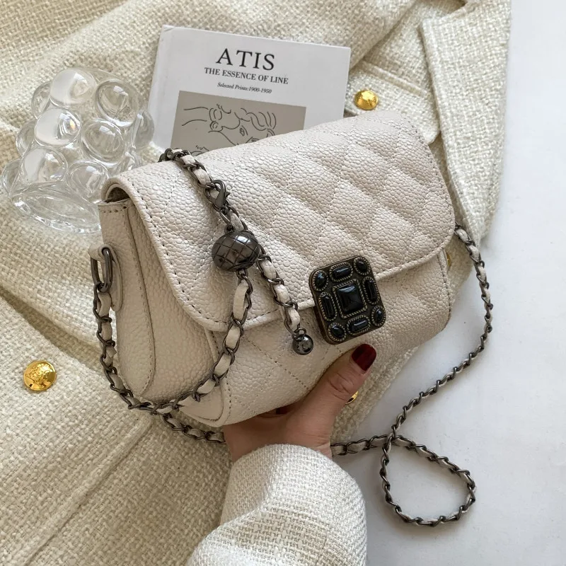 

Chain Quilted Women's Crossbody Bag White Leather Shoulder Bag Rhombus Lattice Messenger Bag Ladies All Match Designer Handbags