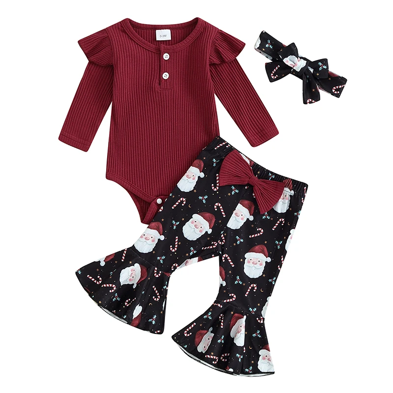 

Hnyenmcko Одежда для новорожденных девочек ребристый комбинезон с длинным рукавом с оборками брюки с колокольчиком повязка на голову комплект из 3 предметов