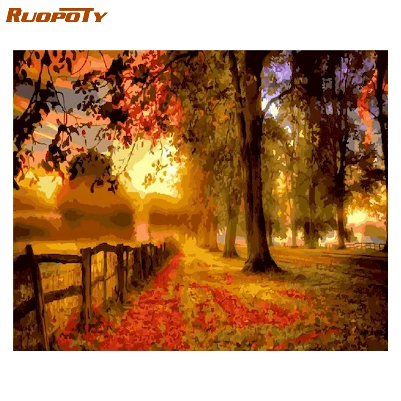 

RUOPOTY осенний пейзаж краска по номерам масляная краска для деревьев Diy подарок для дома Декор акриловая краска по номерам