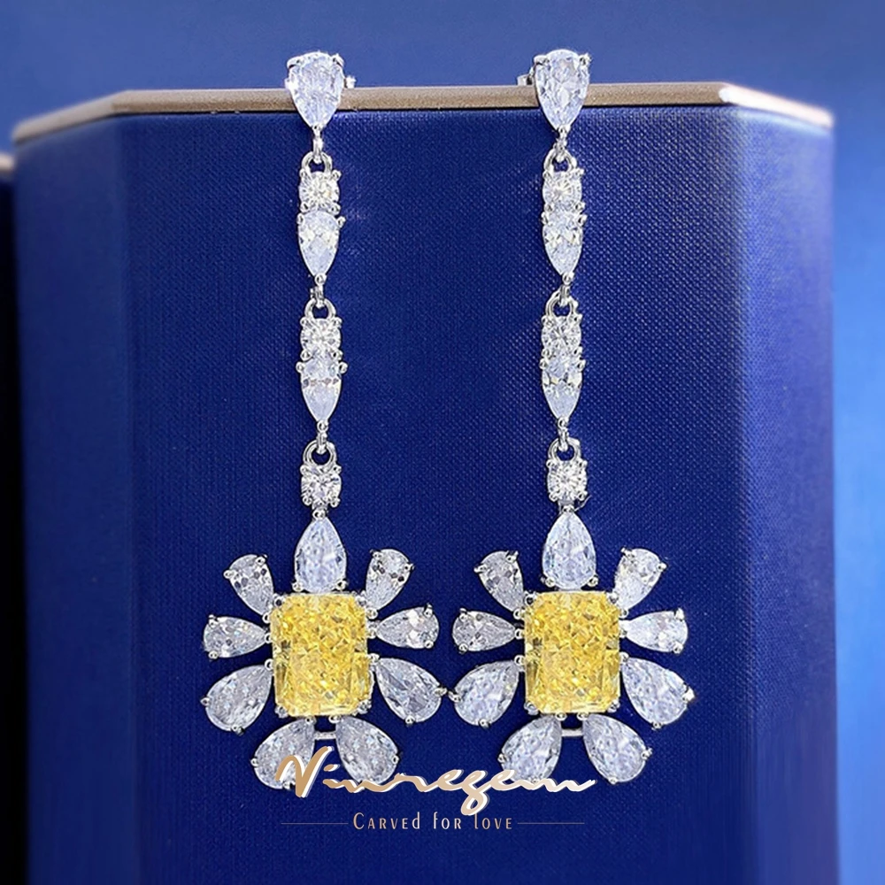 

Vinregem 18K White Gold Crushed Ice Cut Flower Simulated Citrine Sapphire Gemstone Drop Earrings 925 Sterling Silver Jewelry