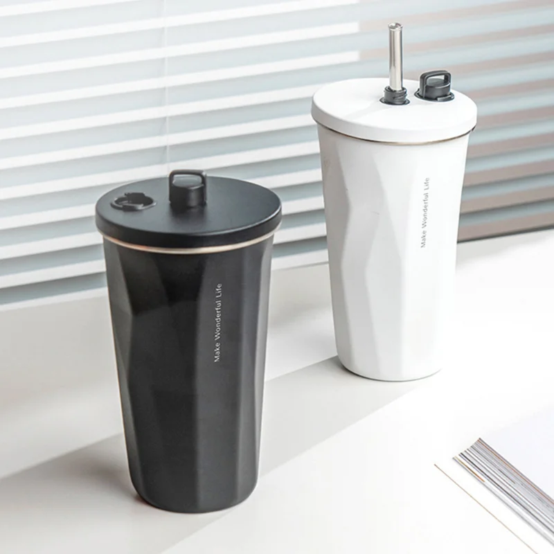 

600ml Stainless Steel Thermos Mug Coffee Tea Cold Drink Bottle Water Cup Thermal Water Bottle Straw Cup with Lid Thermal Mug