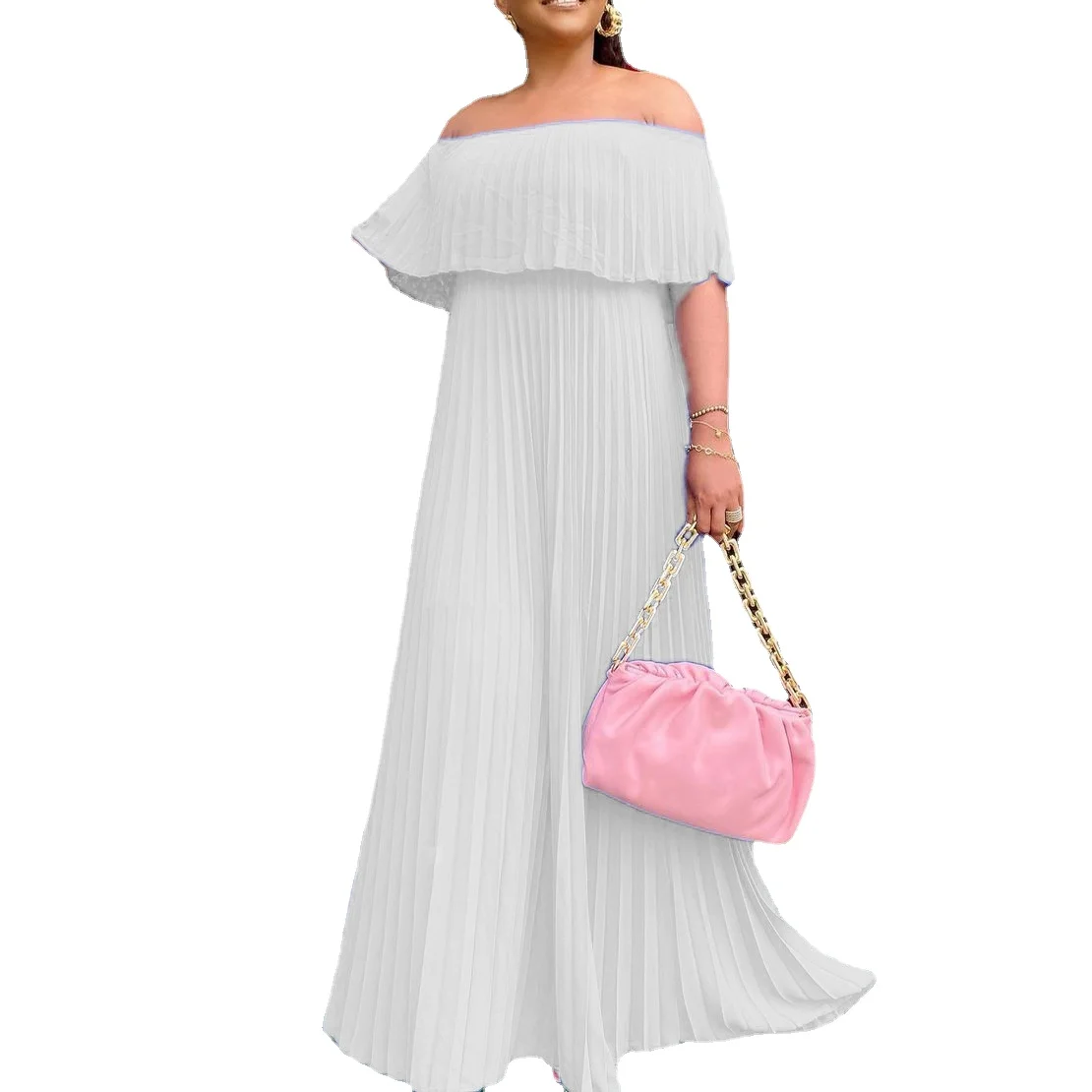 

Bohemian Pleated Dress For Women Elegant Half Sleeve Slash Neck Maxi Dresses Fashion Solid Sexy Evening Party Skinny Vestidos