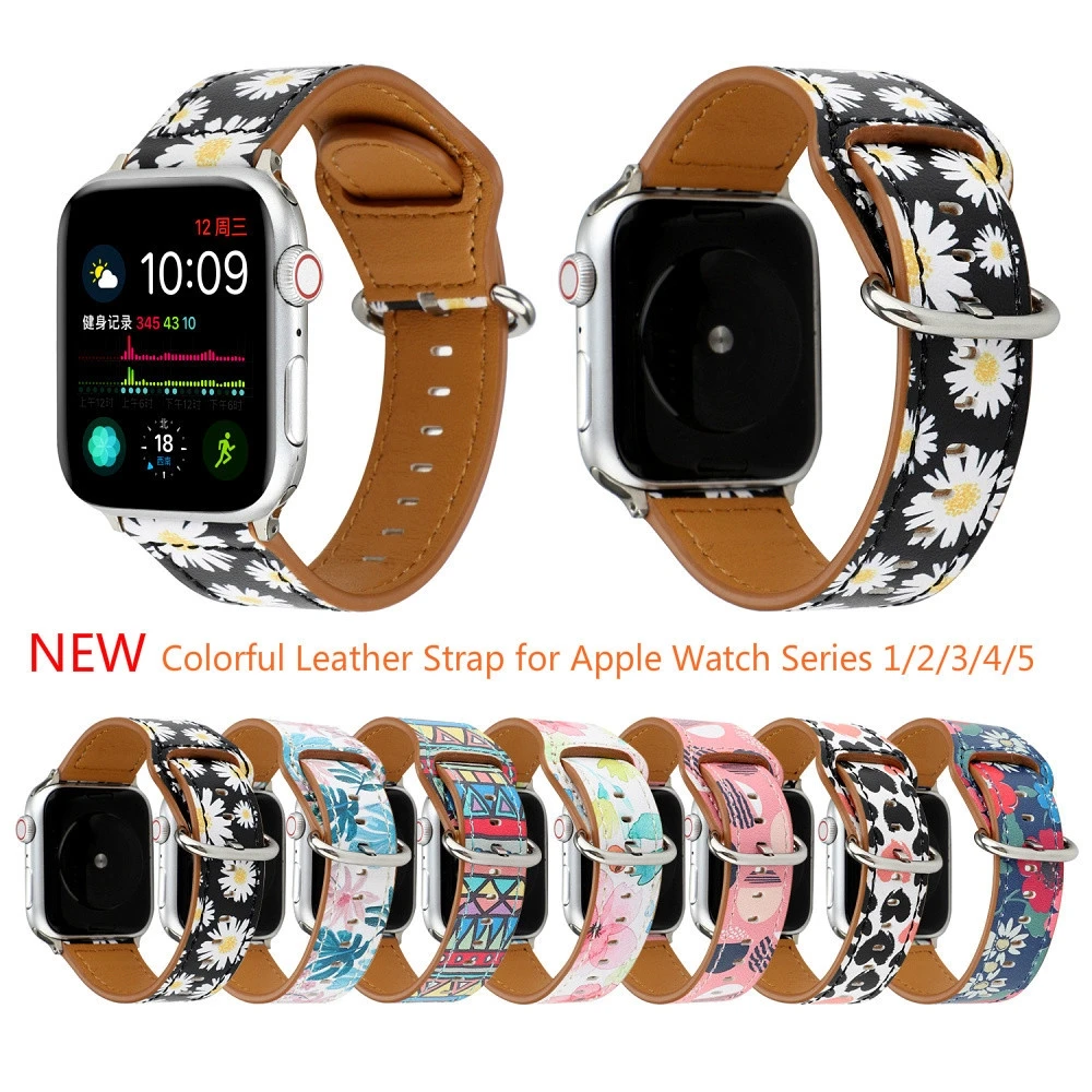 

Colorful Daisy Flowers Leather strap for Apple Watch series 6 se 5 4 3 2 1 iWatch 38MM Fashion Women Watch Bracelet watch band