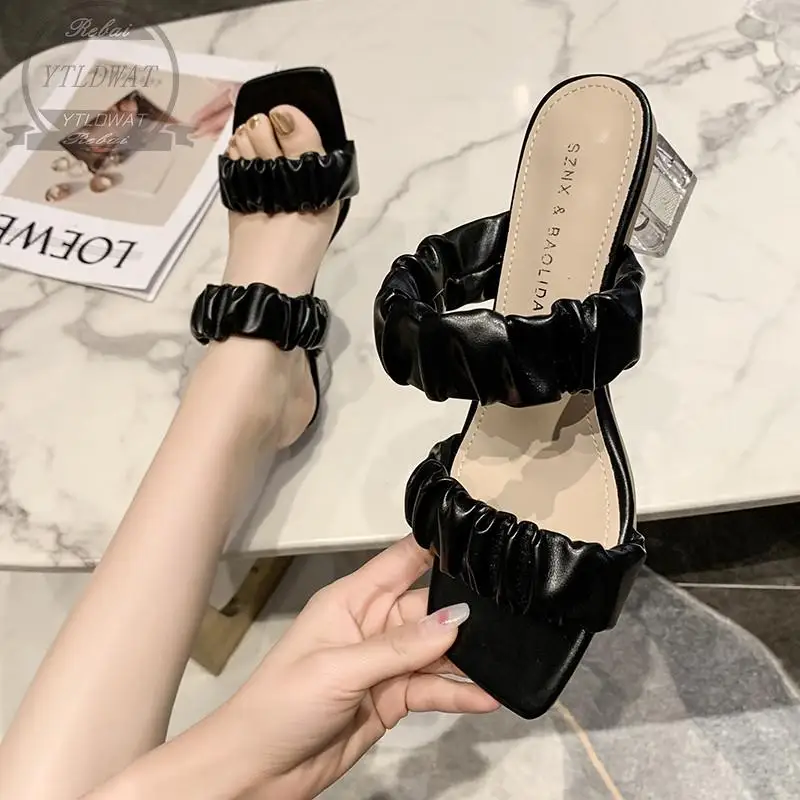 YTLDWAT Designer Slippers 2022 Pleated Female Sandals Sexy Open Toe High Heels Lady Pumps Dress Party Shoes Women Summer Slides