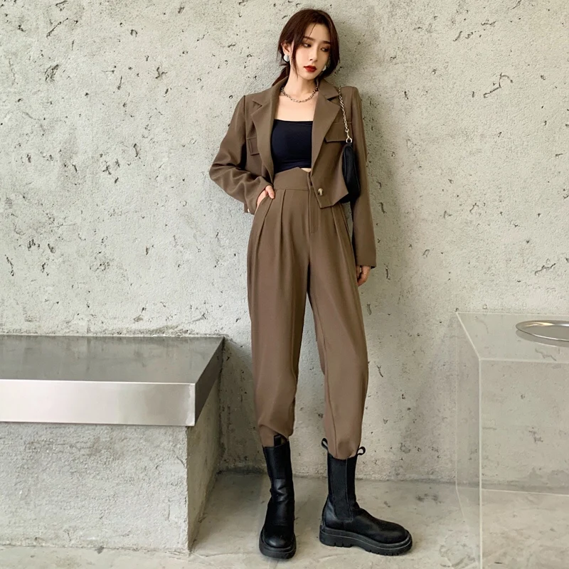 

Chic Stylish Loose Women Full Sleeve Blazers Jackets Pants Suits Female Casual OL Quality Trouser 2 Pieces Set 2022 Spring WS309