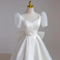 2022 new retro wedding dress short sleeve square collar big bow backless bridal reception simple white party gonws