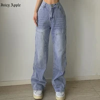 juicy apple high waist blue jeans womens 2022 summer loose straight pocket washed denim trousers
