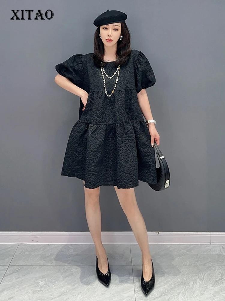 

XITAO/черное платье со складками, модное милое летнее платье с пышными рукавами, новое свободное мини-платье с большим подолом, простое темпераментное женское платье, WLD16838